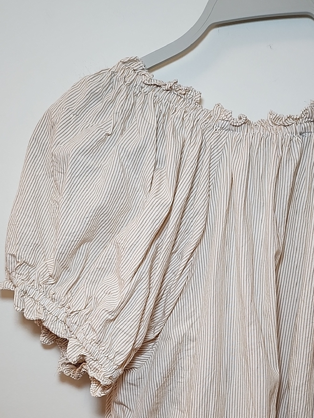 Anthropologie Puff-Sleeve Embroidered Babydoll Top tan and cream stripes Sz XL - Picture 15 of 16